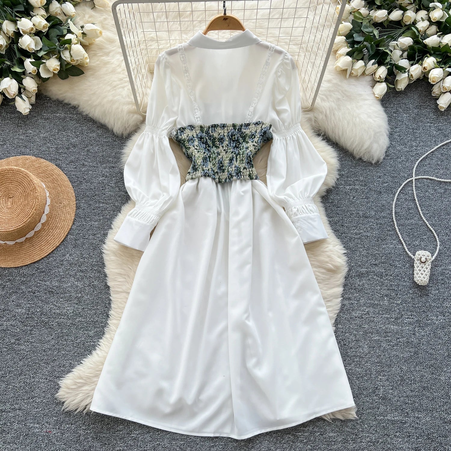 Spring Vintage Sun Midi Dress For Women Puff Sleeve Empire Patchwork Lace Dress