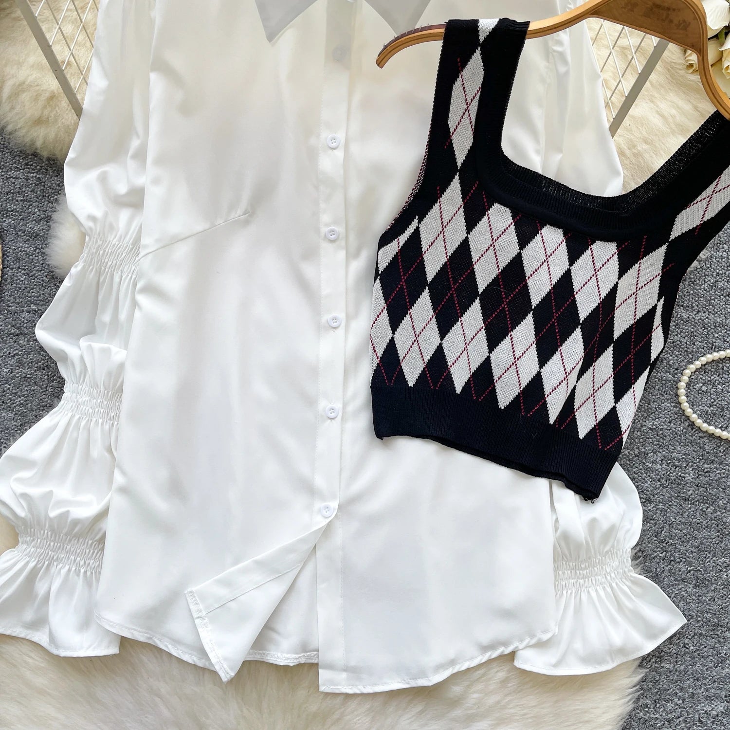 Fall Korean 2 Piece Set for Women Puff Sleeve Crop Top And Knitted Suit Clothing Wholesale