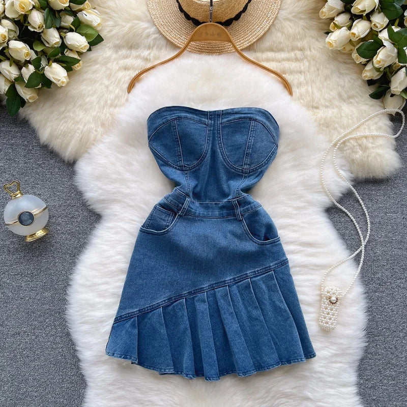 Hottie Strapless Wearing Summer New Slim-Fit Denim A-Line Dress