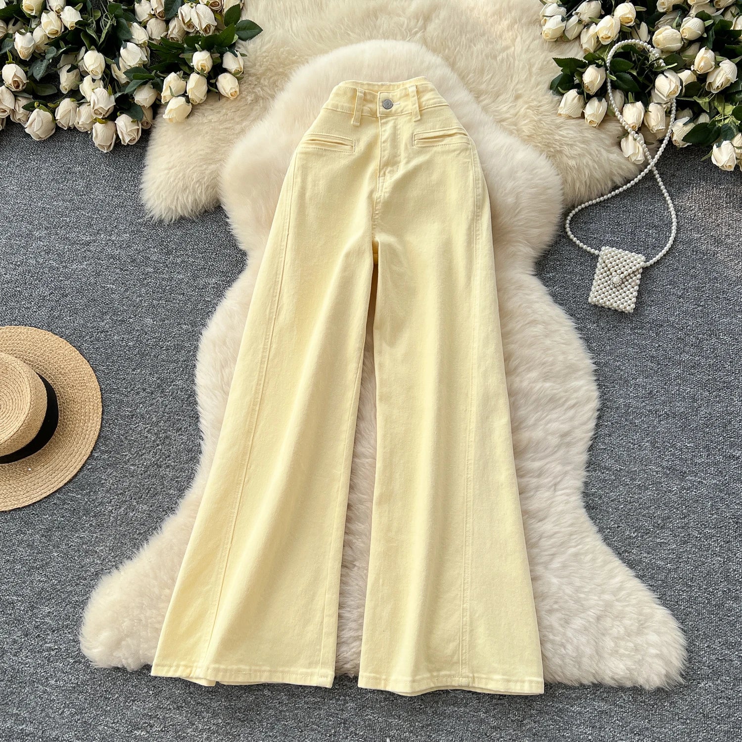 Weekend Skinny High Waist Denim Trousers Straight Cut Streetwear Pants Button Woven