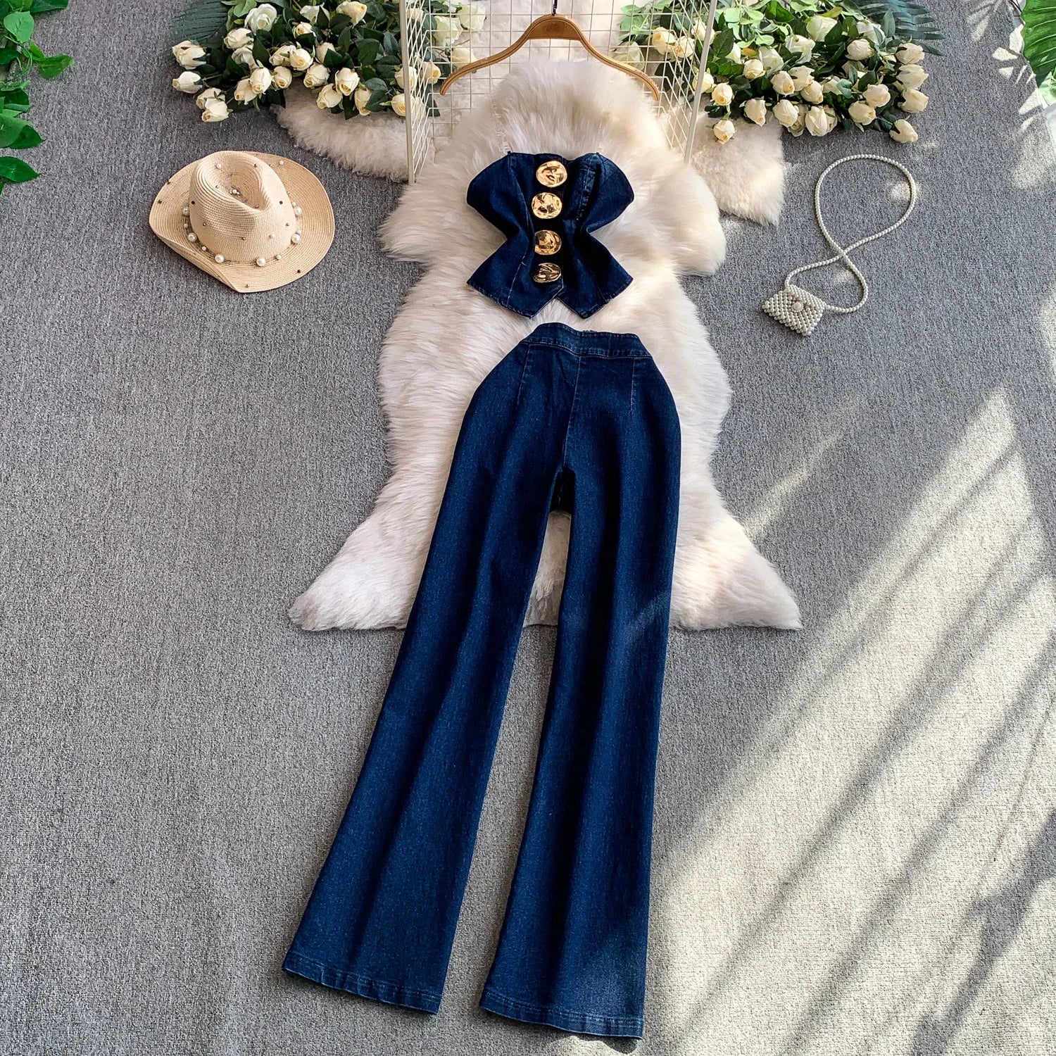 European and American Metal Buckle Strapless tank Top Short Top High Waisted Denim Pants Two Piece Set