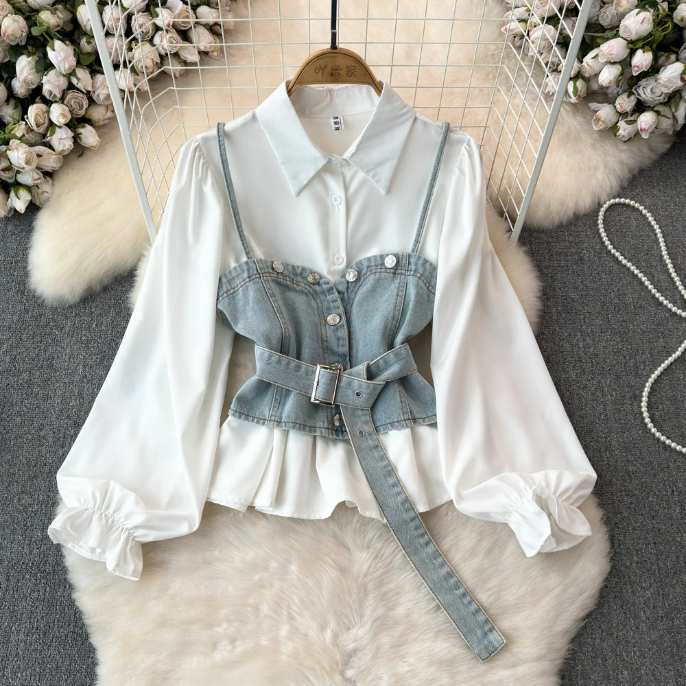Boutique Wholesale 2025 Summer New Fashionable Retro Denim Tank Top Versatile Bubble Sleeve Loose Shirt Women's Set