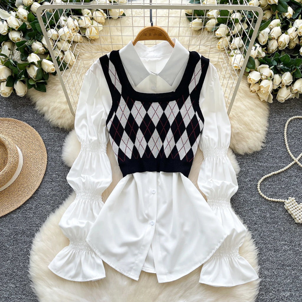 Fall Korean 2 Piece Set for Women Puff Sleeve Crop Top And Knitted Suit Clothing Wholesale