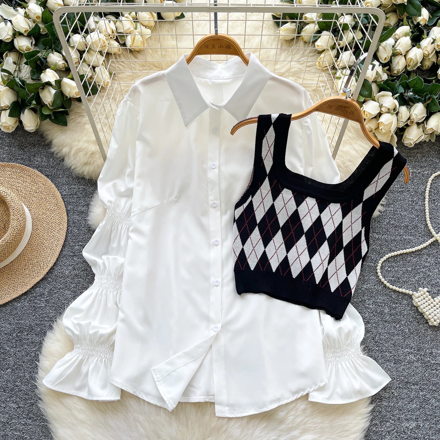 Fall Korean 2 Piece Set for Women Puff Sleeve Crop Top And Knitted Suit Clothing Wholesale