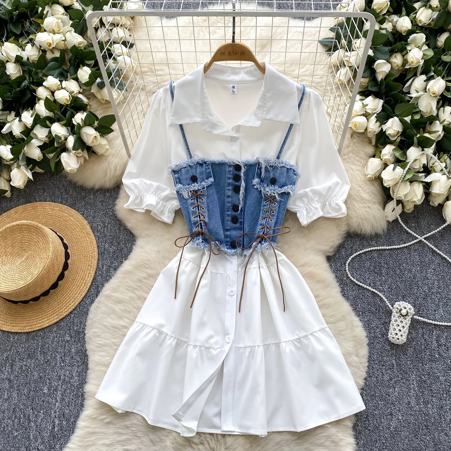 Women's Roman Sets Polo Collar Bandage Top And Denim Maxi Dress Set Ropa Wholesale