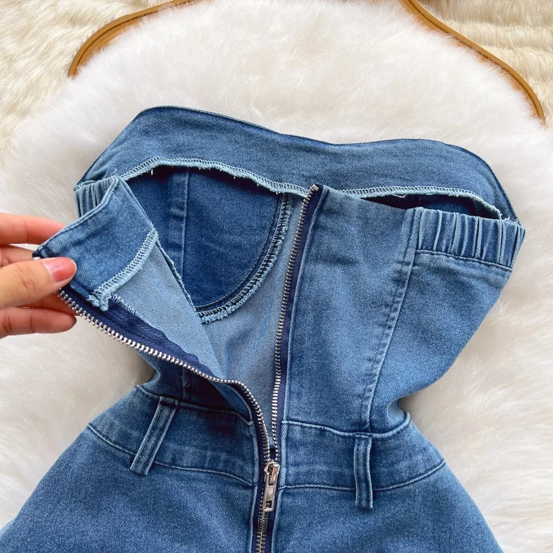 Hottie Strapless Wearing Summer New Slim-Fit Denim A-Line Dress