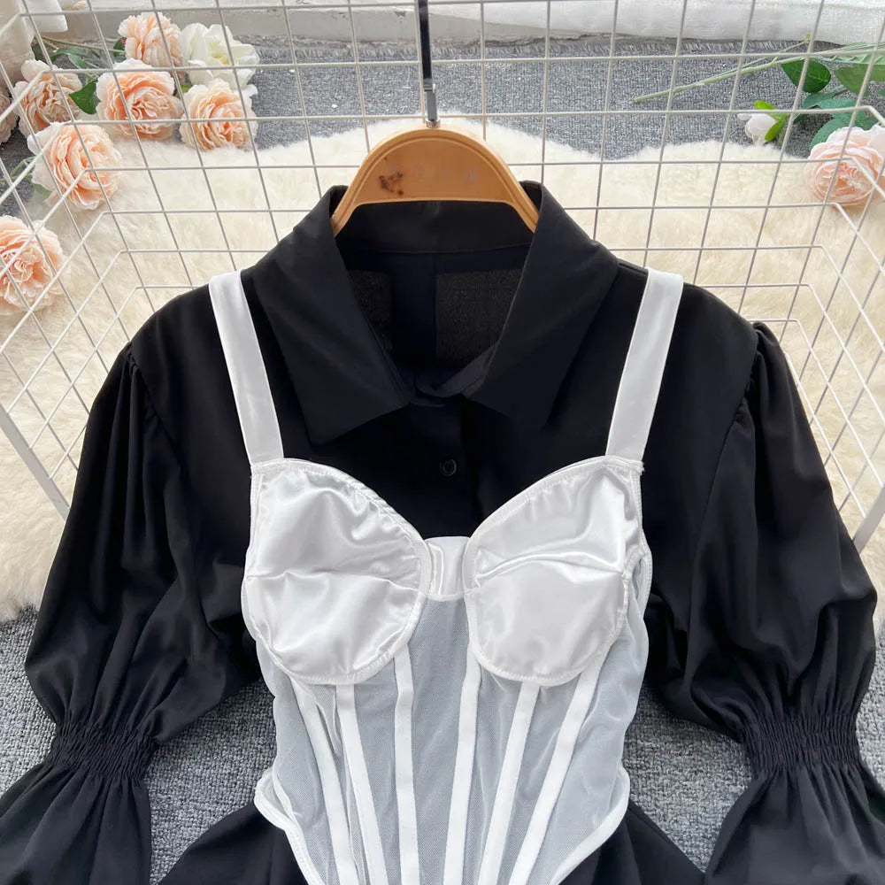 Fall Women's Elegant Sets Puff Sleeve Tube Top And Shirt Dress Set Ropa Wholesale