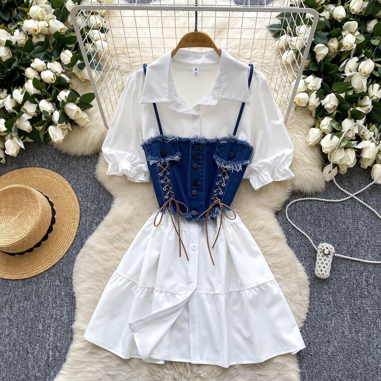 Women's Roman Sets Polo Collar Bandage Top And Denim Maxi Dress Set Ropa Wholesale