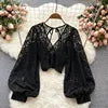 ANSZKTN Tie With Backless Thin Short Perspective Hook Flower Lace Shirt Autumn New Korean Version of Foreign Style Small Shirt