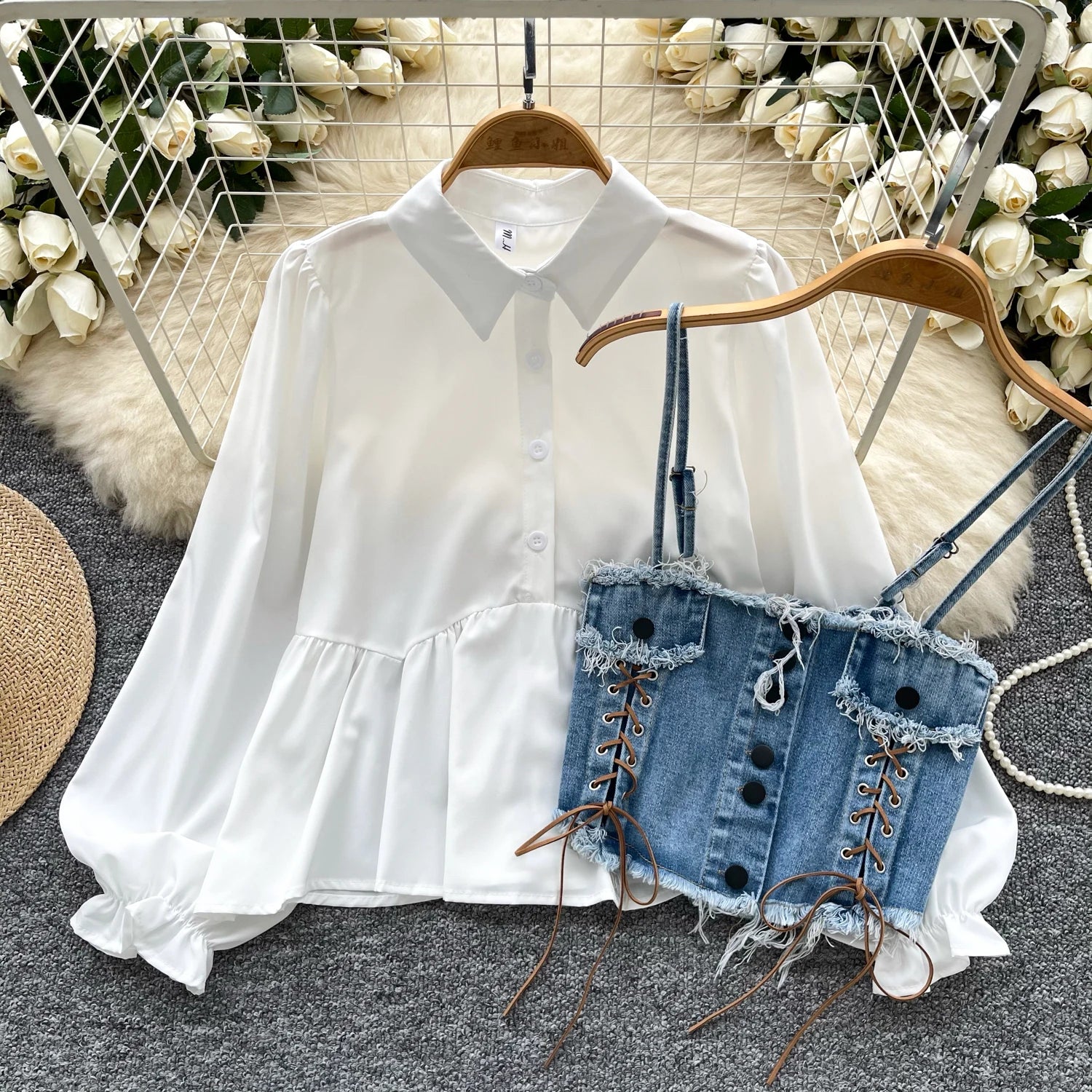 Vintage 2 Piece Set For Women Tunic Bandage Top And Denim Set Clothing Wholesale