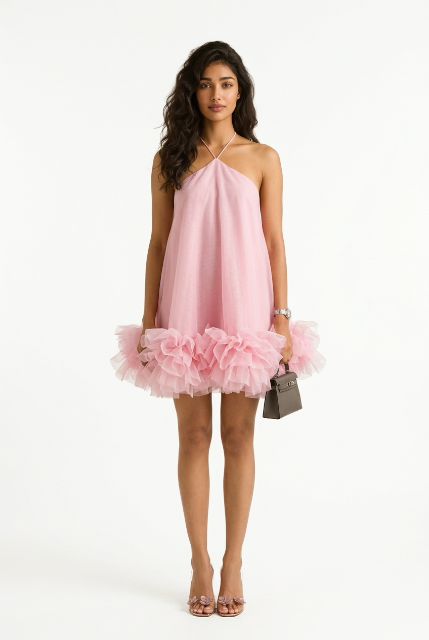 A stunning halter pink prom dress with a sexy backless design, ruffles, chiffon fabric, and an above-the-knee length. Perfect for girls’ birthday cocktail parties.