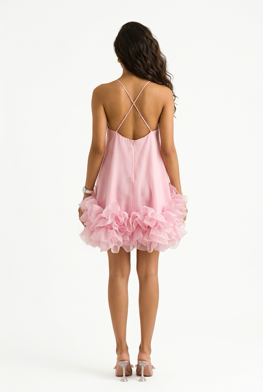 A stunning halter pink prom dress with a sexy backless design, ruffles, chiffon fabric, and an above-the-knee length. Perfect for girls’ birthday cocktail parties.