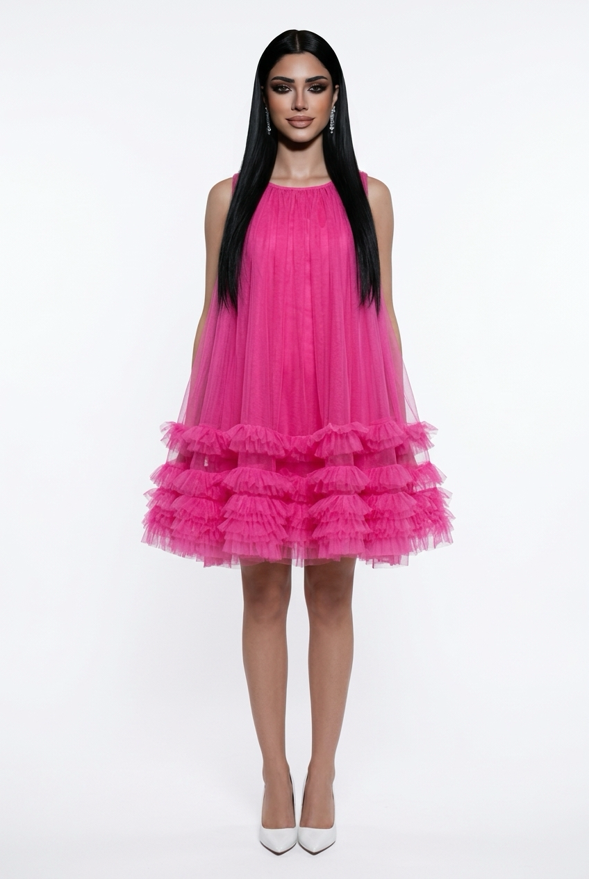 A loose mini dress with French court style mesh sleeves, perfect for parties, weddings, birthdays, and more.