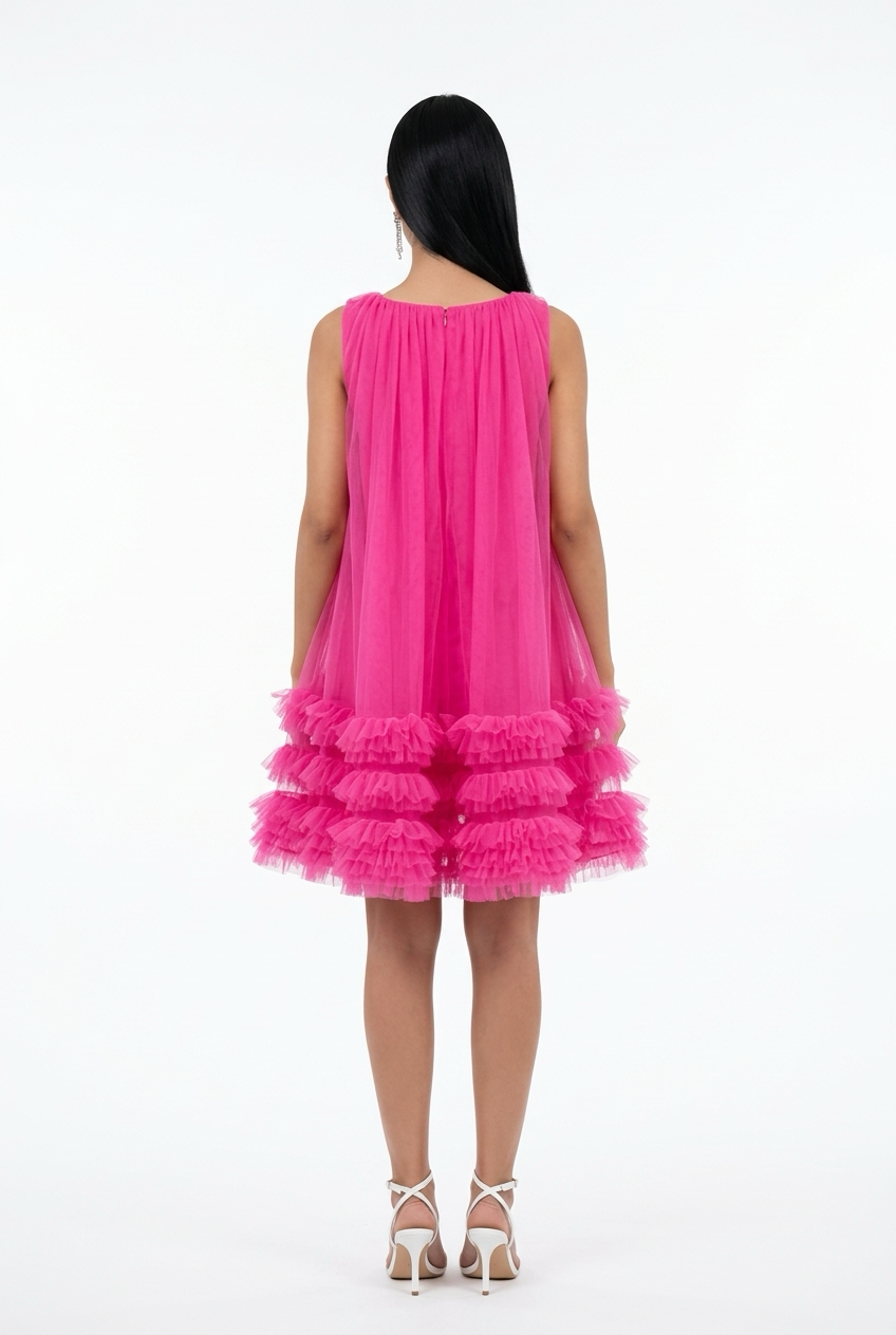 A loose mini dress with French court style mesh sleeves, perfect for parties, weddings, birthdays, and more.