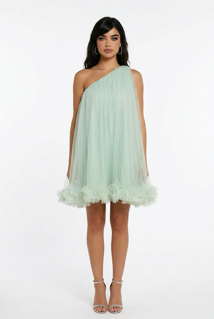 Mint green short prom dresses with simple one-shoulder tiers, perfect for a mini homecoming