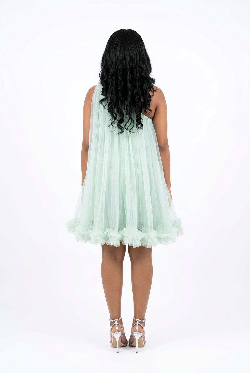 Mint green short prom dresses with simple one-shoulder tiers, perfect for a mini homecoming