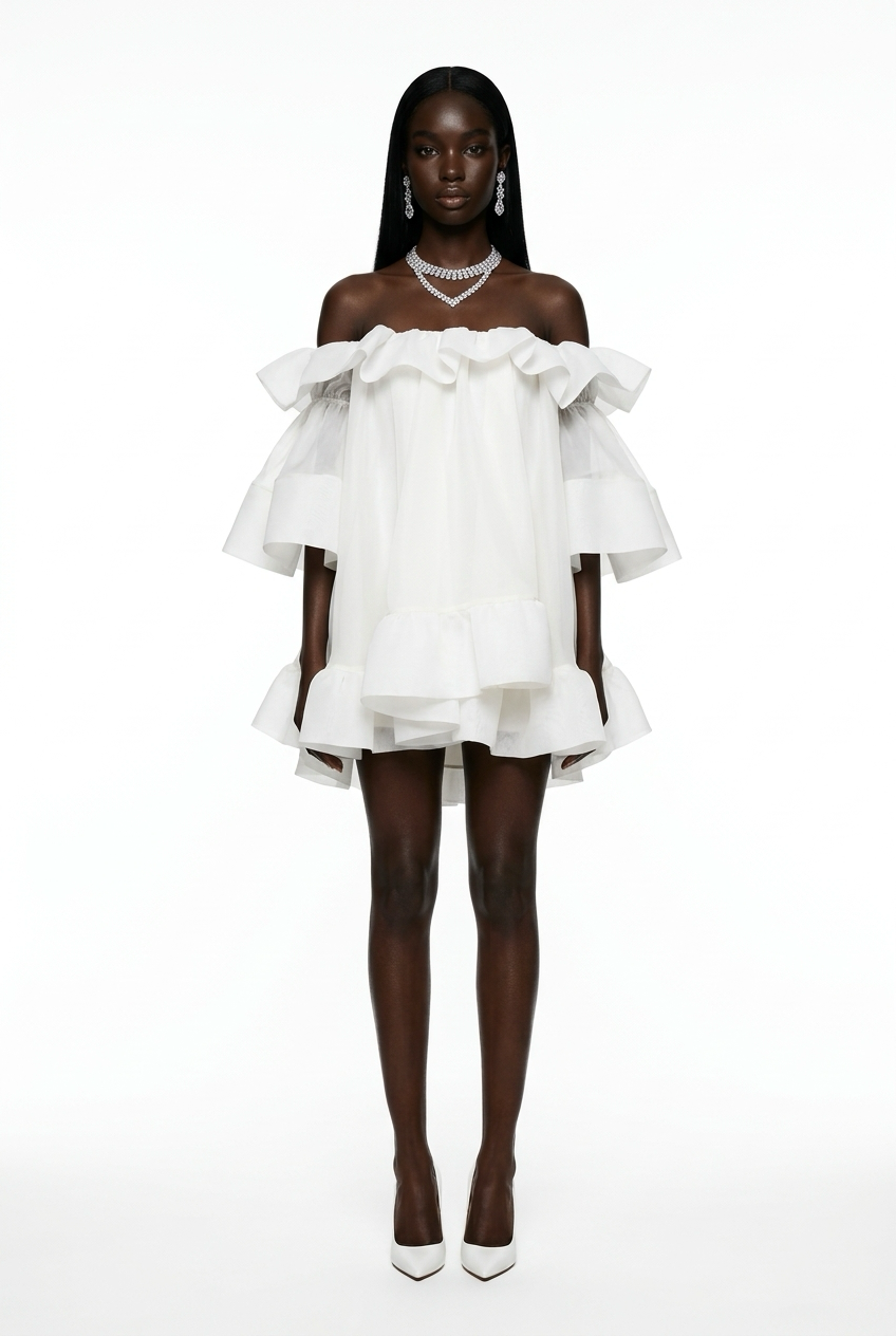 A chic mini dress for women, ideal for spring and summer, boasts a trendy off-shoulder design with tiered ruffles and flared sleeves.