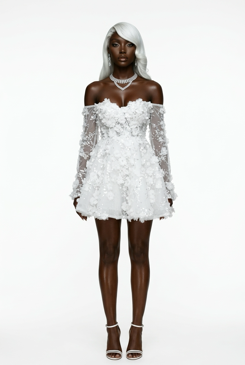 A short, elegant wedding dress with lace flowers, sequins, and a sweetheart neckline