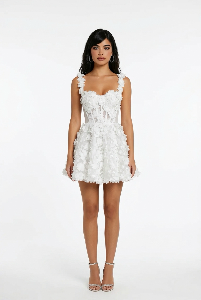 White mini prom dresses with flower lace embroidery, evening dresses with lace-up spaghetti straps, and party customized vests.