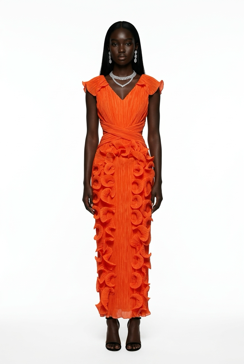 A luxurious pleated three-dimensional ruffled dress for elegant women, perfect for an evening banquet.