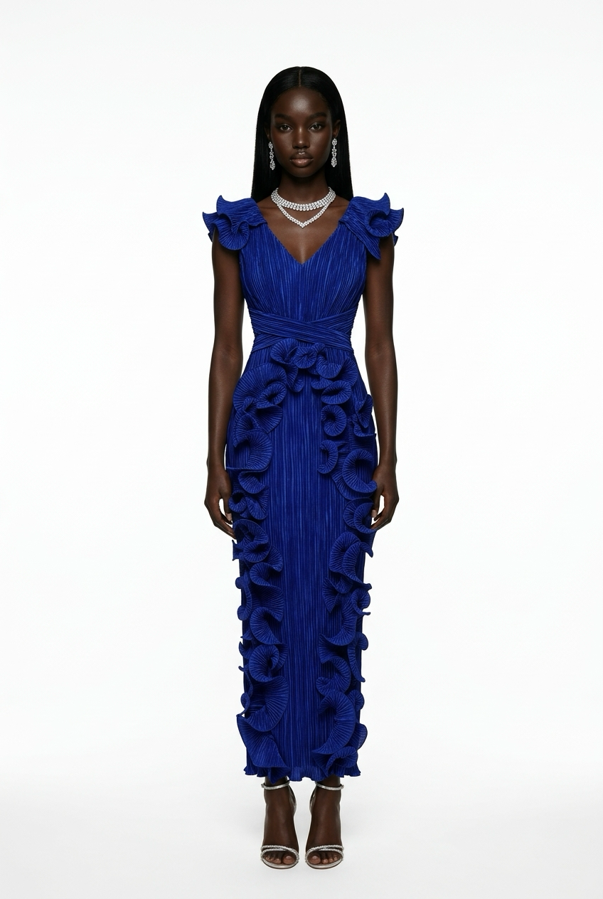 A luxurious pleated three-dimensional ruffled dress for elegant women, perfect for an evening banquet.