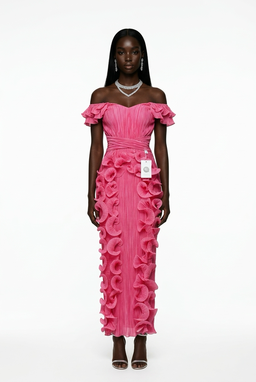 A luxurious pleated three-dimensional ruffled dress for elegant women, perfect for an evening banquet.