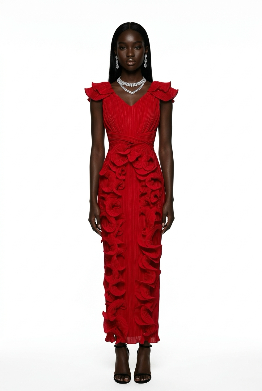 A luxurious pleated three-dimensional ruffled dress for elegant women, perfect for an evening banquet.