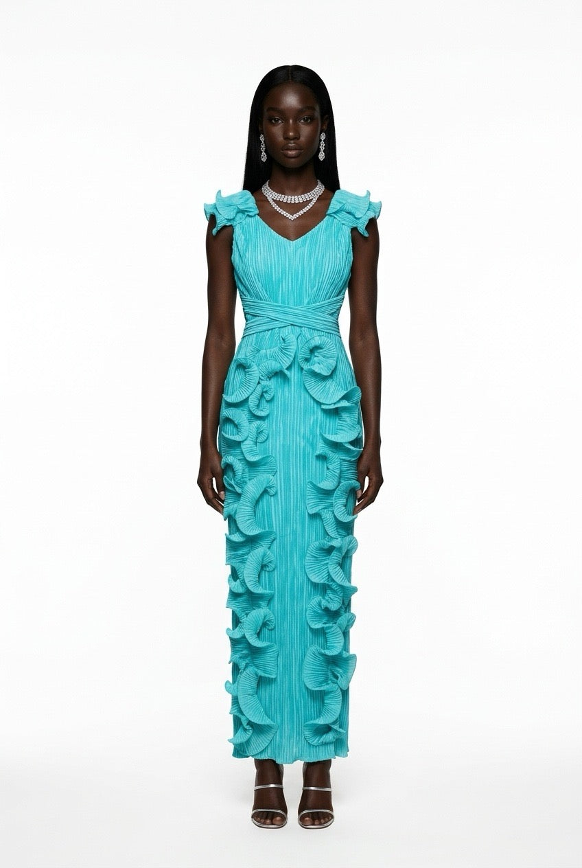 A luxurious pleated three-dimensional ruffled dress for elegant women, perfect for an evening banquet.