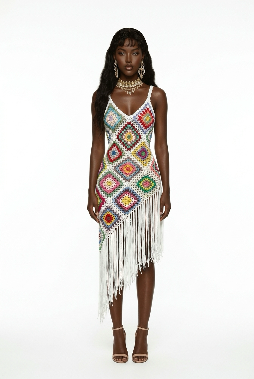 Une robe décontractée asymétrique unique pour femme, sans bretelles, avec des fleurs ajourées et des pompons, parfaite pour des vacances de style bohème.