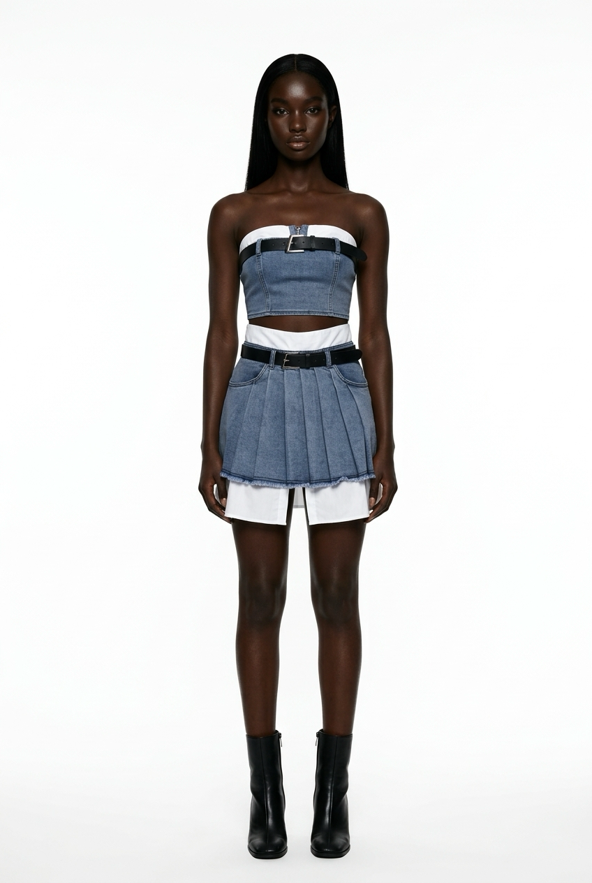 Un ensemble deux pièces de plage vintage pour femme, composé d'un mini-top bustier et d'une mini-jupe plissée dans un style jean rétro sexy.