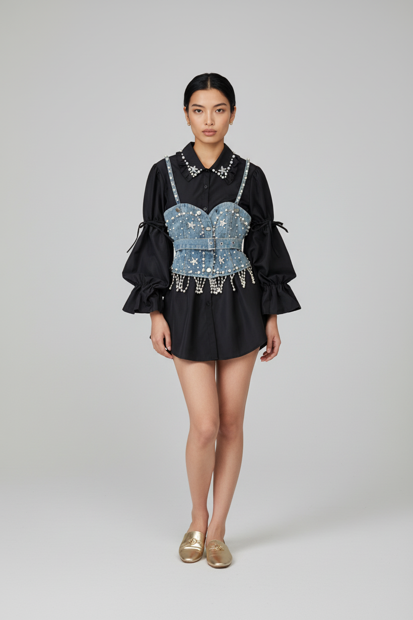 Women Sets Blouse Dress Denim Vest Motor Bike