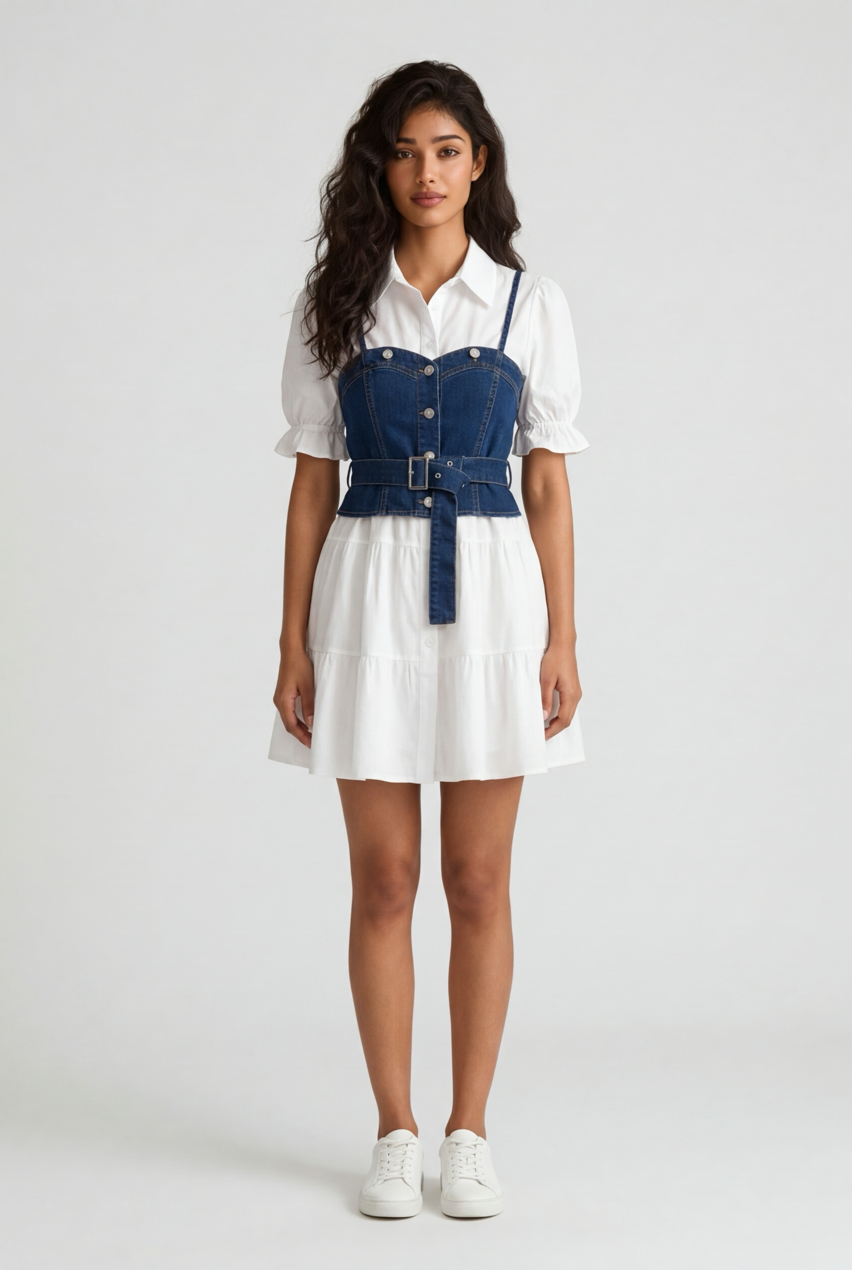 A summer women’s white shirt dress with a denim vest, short sleeves, a turn-down collar