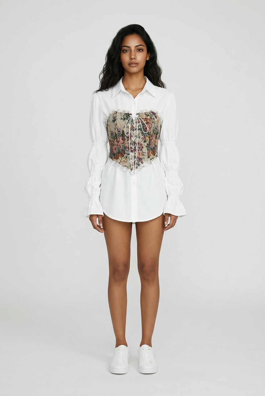 A retro patterned belted outerwear vest in a small size, midi length, and A-line shape