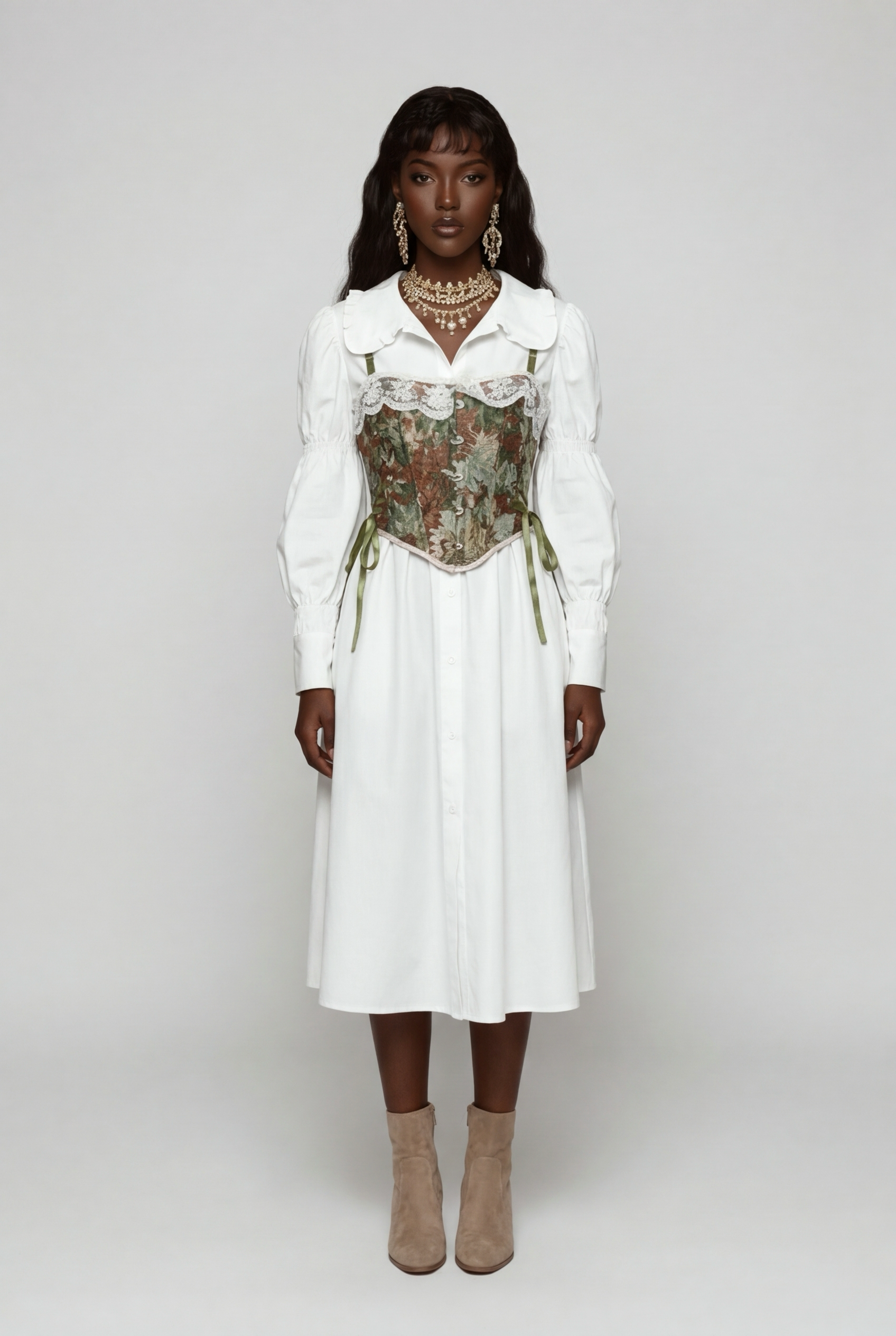 Retro Bubble Sve irt Dr Women's Spring White Collar Waist Cinched A-Line