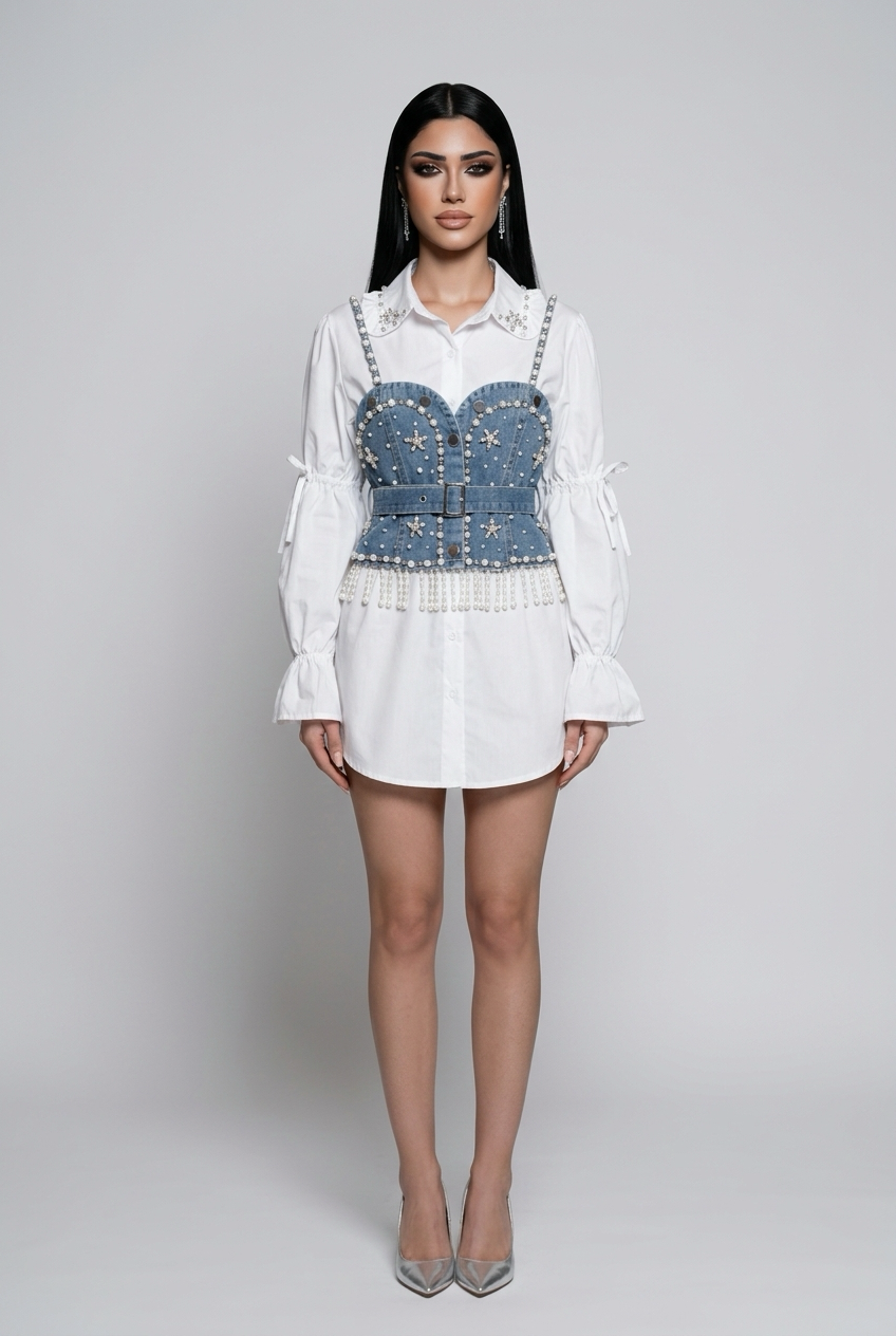 This two-piece spring women’s outfit consists of a diamond-beaded puff-sleeve long-sleeve shirt top, a tassel pearl sling vest, and a long-sleeved shirt.