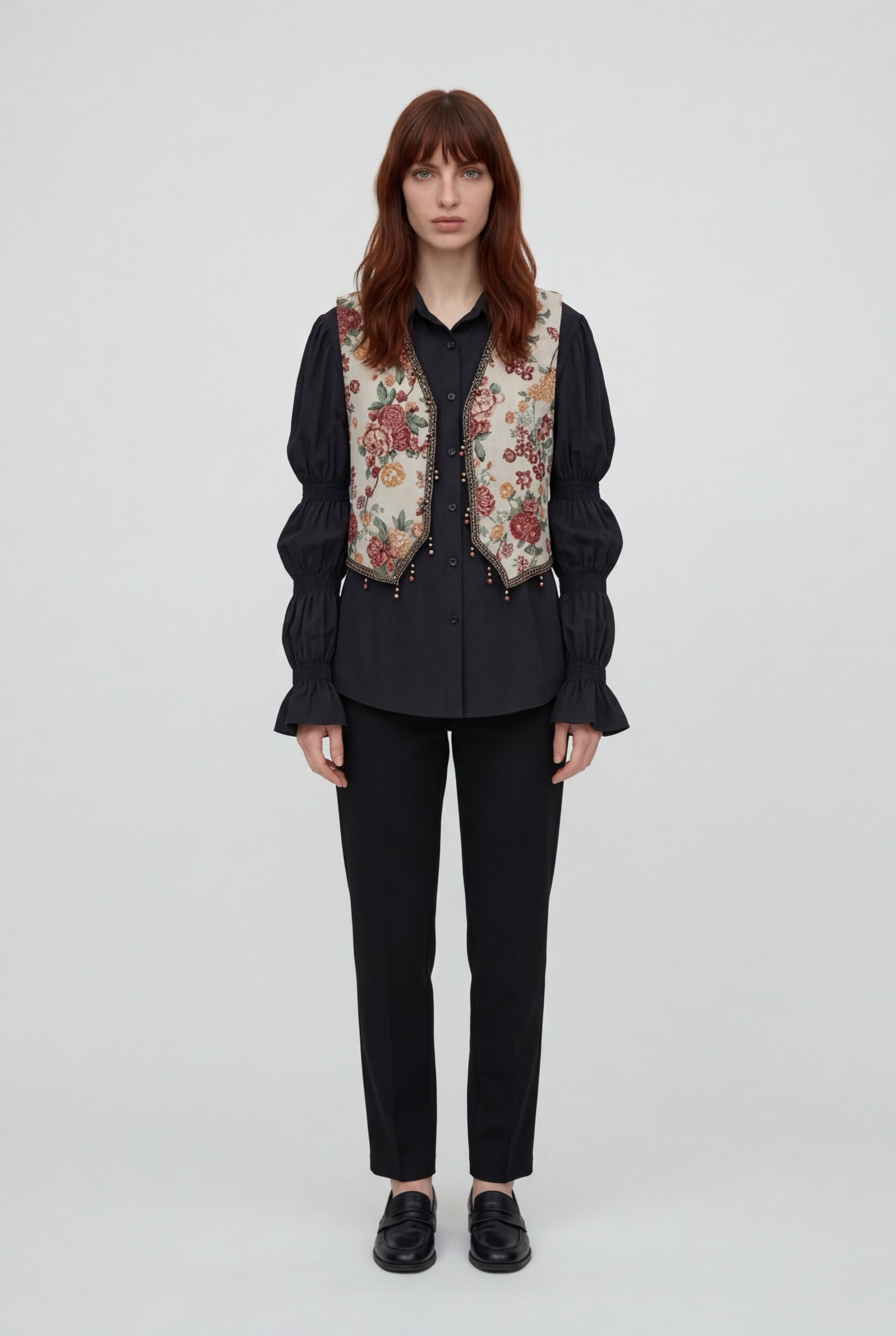 Retro Tassel Trim Embroidered Vest Loose Casual Bubble Sve irt