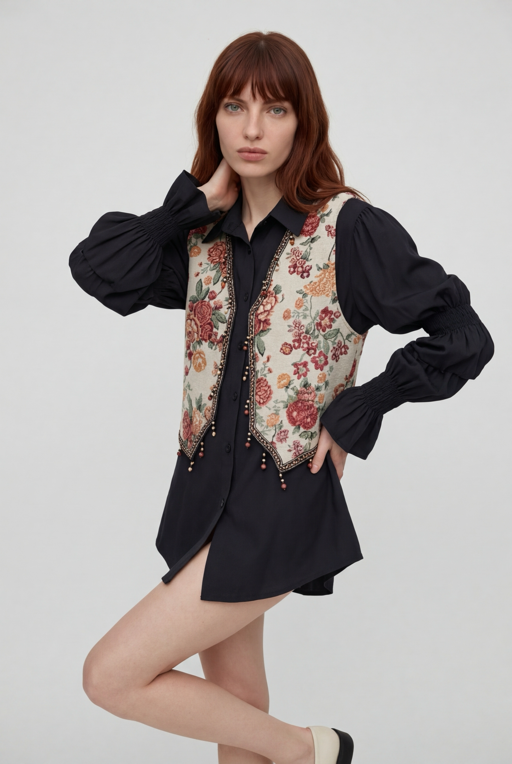 Retro Tassel Trim Embroidered Vest Loose Casual Bubble Sve irt