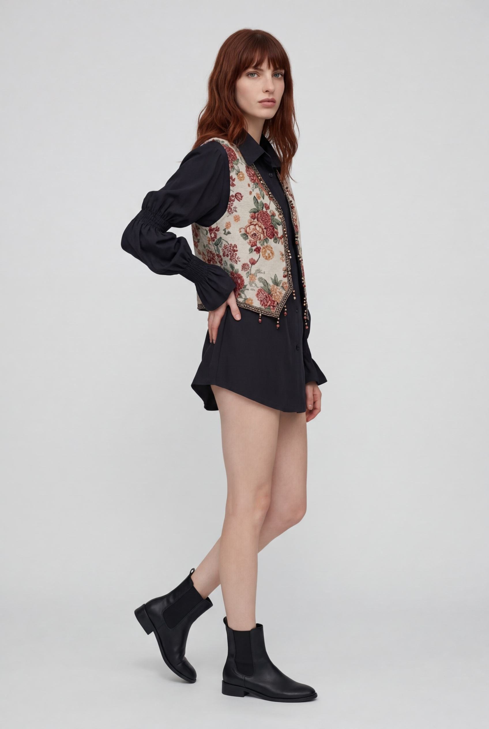 Retro Tassel Trim Embroidered Vest Loose Casual Bubble Sve irt