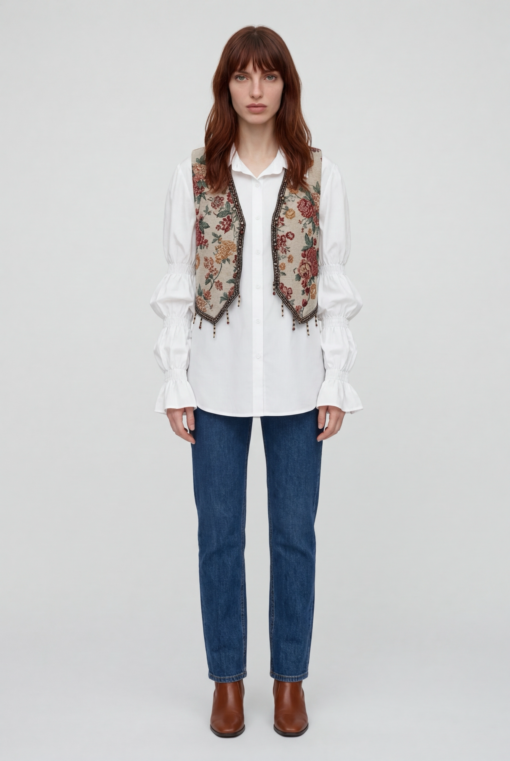 Retro Tassel Trim Embroidered Vest Loose Casual Bubble Sve irt