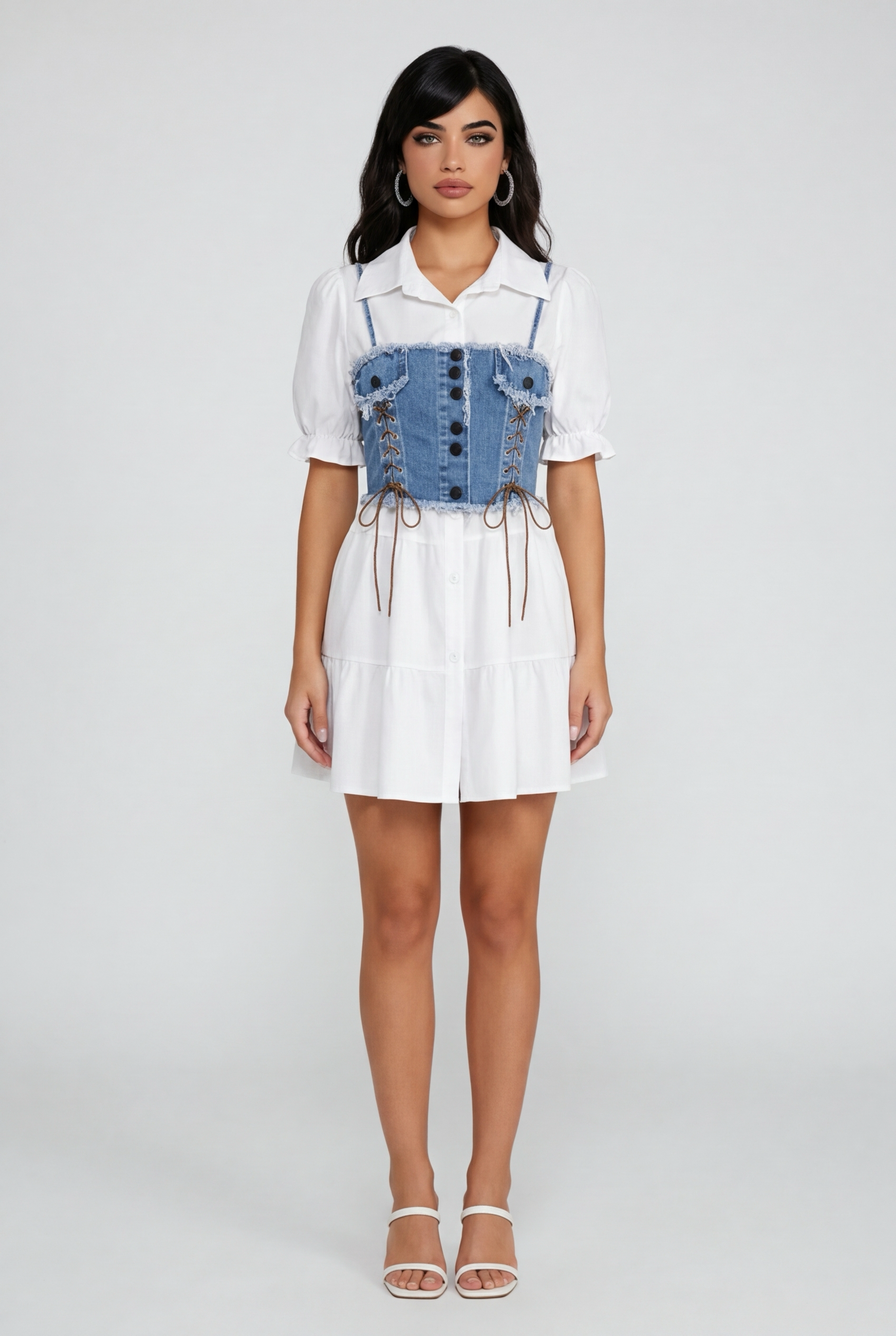 A women’s Roman Set Polo Collar Bandage Top and Denim Maxi Dress Set