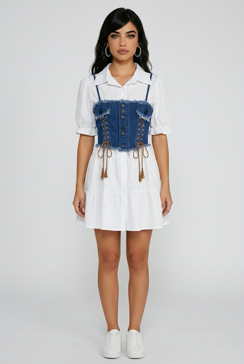 A women’s Roman Set Polo Collar Bandage Top and Denim Maxi Dress Set