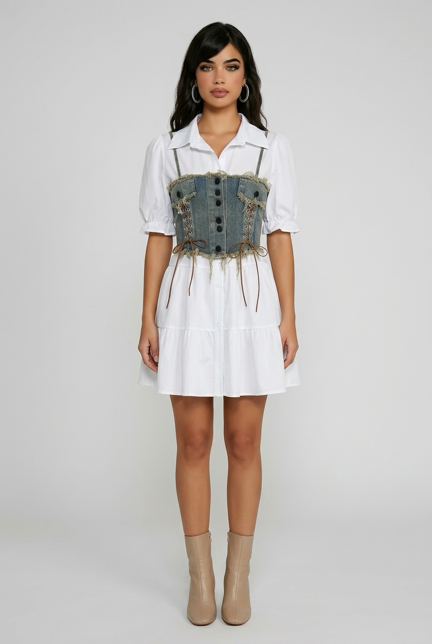 A women’s Roman Set Polo Collar Bandage Top and Denim Maxi Dress Set