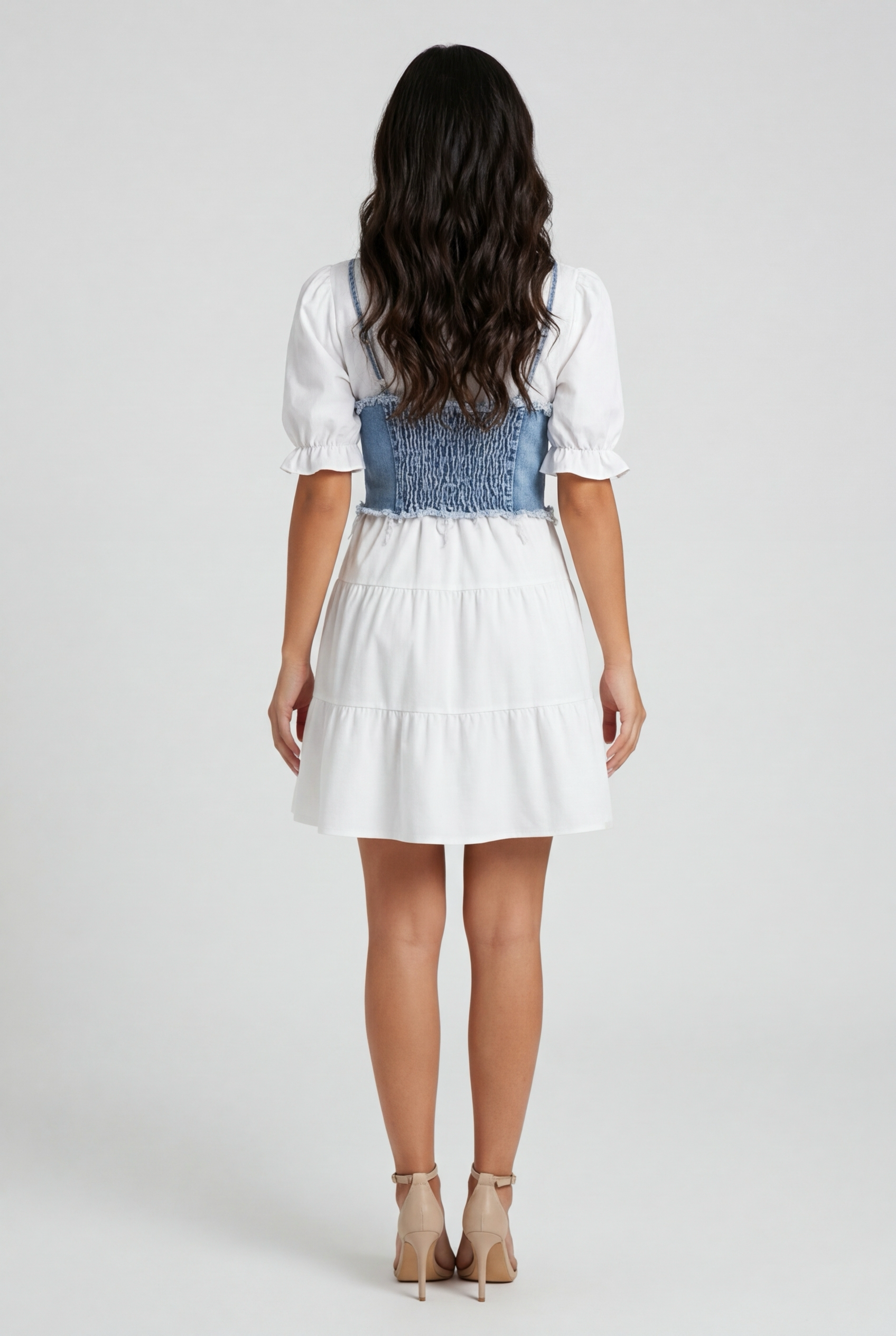 A women’s Roman Set Polo Collar Bandage Top and Denim Maxi Dress Set