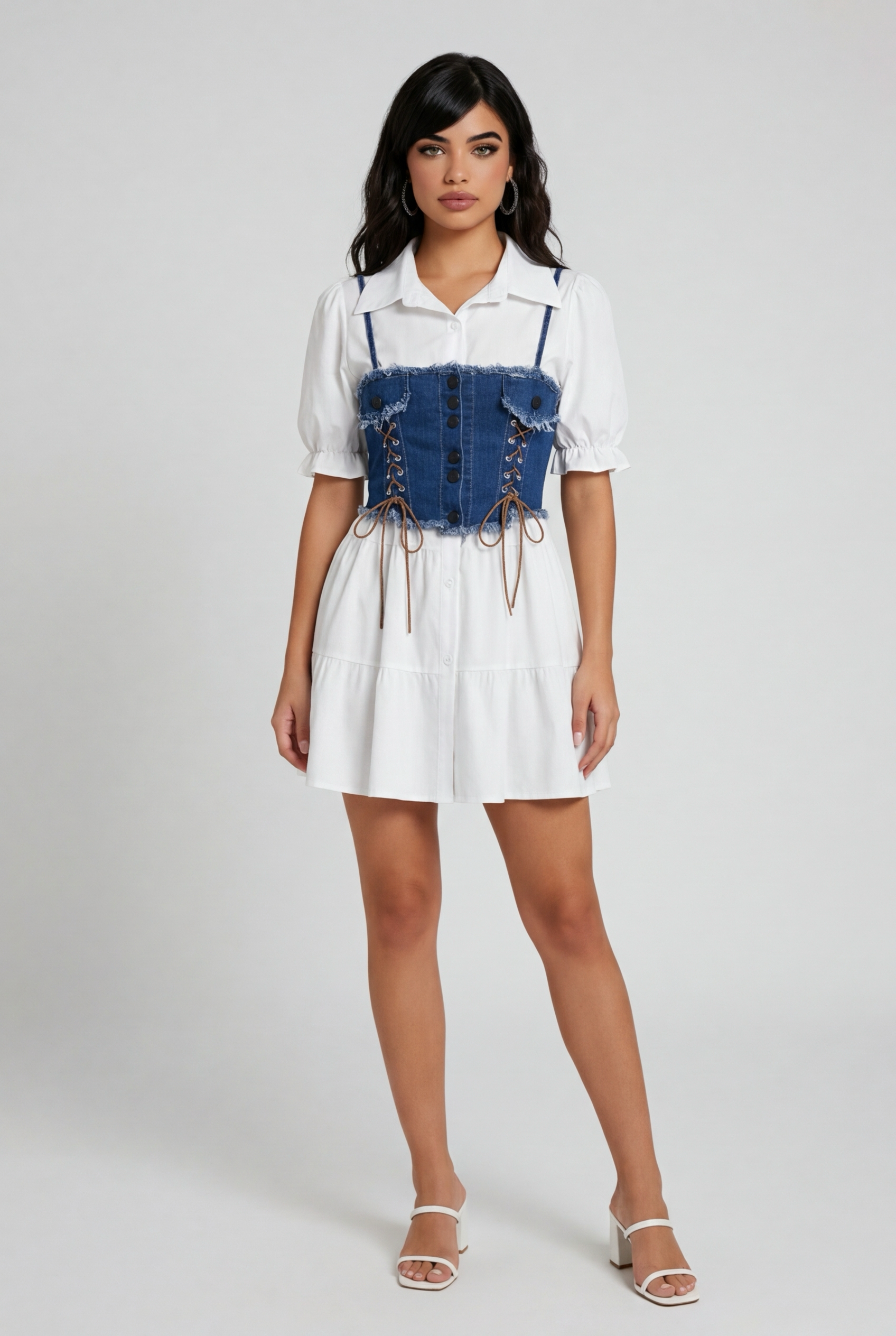 A women’s Roman Set Polo Collar Bandage Top and Denim Maxi Dress Set