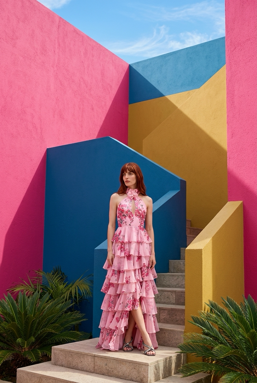 A stylish two-piece women’s swimsuit with push-up straps and a halter design