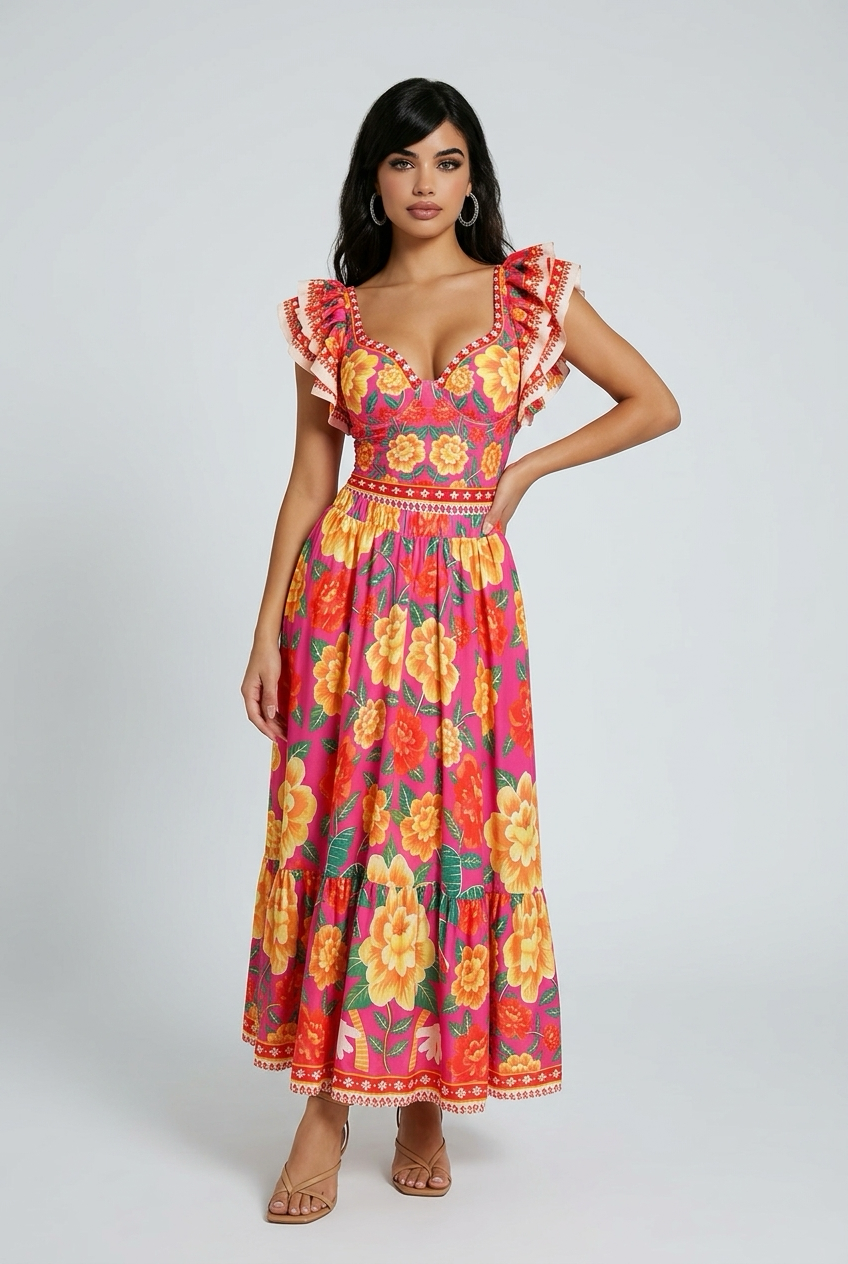 Floral printed ruffle bikinis with strappy bandage straps