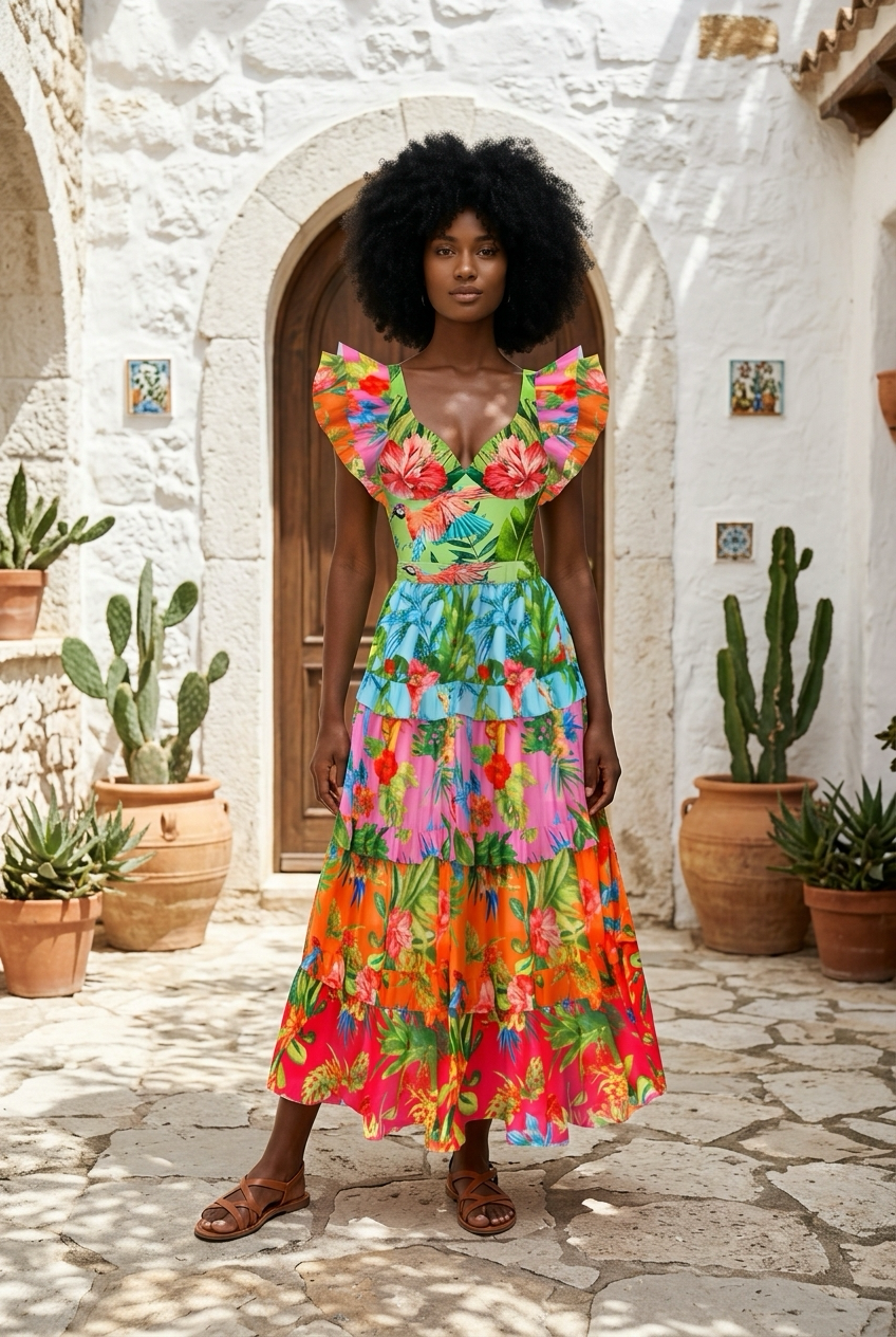 Sexy women’s swimwear, including a 2-piece shoulder ruffle swimsuit with cover-up