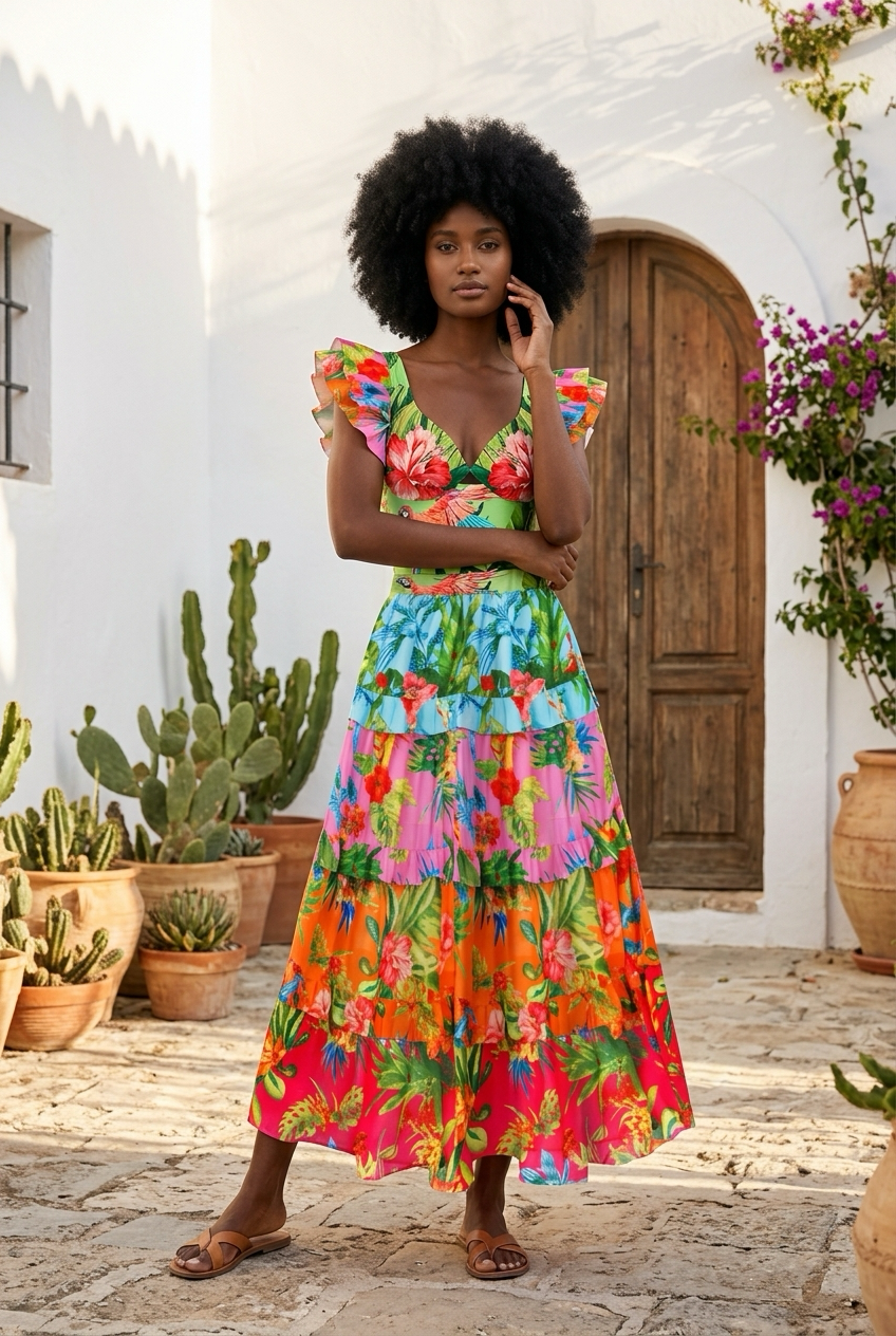 Sexy women’s swimwear, including a 2-piece shoulder ruffle swimsuit with cover-up