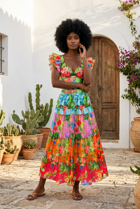 Sexy women’s swimwear, including a 2-piece shoulder ruffle swimsuit with cover-up