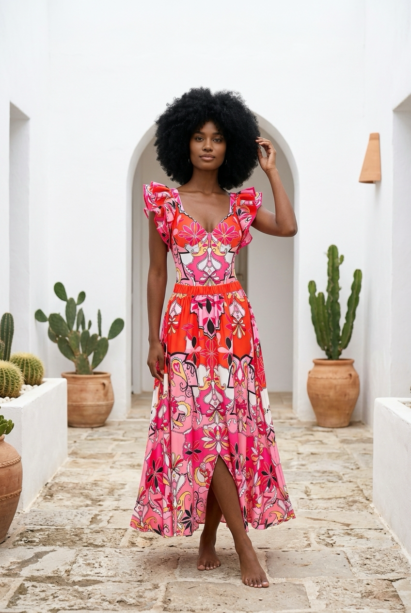 Sexy women’s swimwear, including a 2-piece shoulder ruffle swimsuit with cover-up